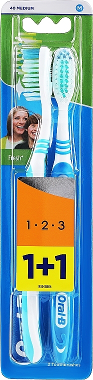 Набір зубних щіток (середня, блакитна + синя) - Oral-B 1 2 3 Natural Fresh 40 Medium 1 + 1 — фото N1