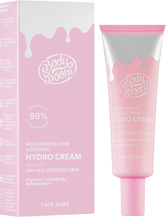 Зволожувальний крем для сухої та чутливої шкіри обличчя - BodyBoom Moisturising And Soothing Hydro Cream — фото N2