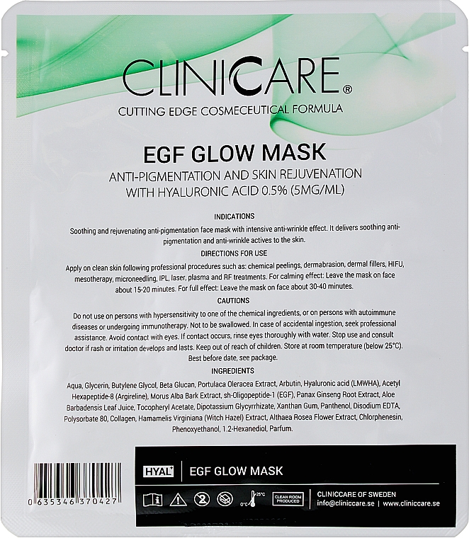 Осветляющая тканевая маска с 0,5% гиалуроновой кислотой - ClinicCare Hyal Egf Glow Mask With 0.5% HA — фото N2