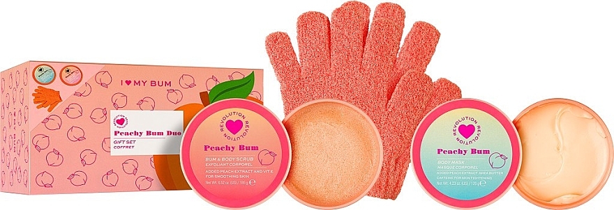 Набор - I Heart Revolution Peachy Bum Gift Set (b/scrub/185g + b/mask/120g + mitt/2psc) — фото N1