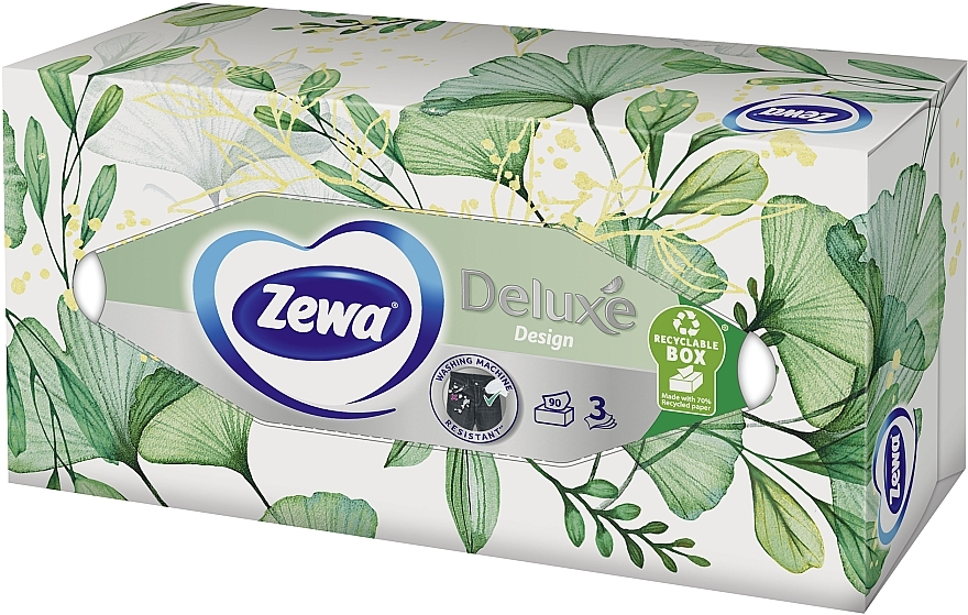 Салфетки косметические трехслойные, светло-зеленые листья, 90 шт. - Zewa Deluxe — фото N1
