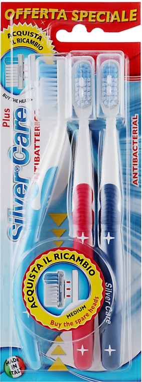 Набор зубных щеток "Silver Care Plus" 3шт, средние, голубая + красная + синяя - Silver Care  — фото N1
