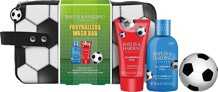 Набір - Baylis & Harding Football Blueberry Fizz Stars Wash Bag Gift Set (b/bubbles/100ml + shm/50ml + b/bomb/100g + bag/1pc) — фото N1