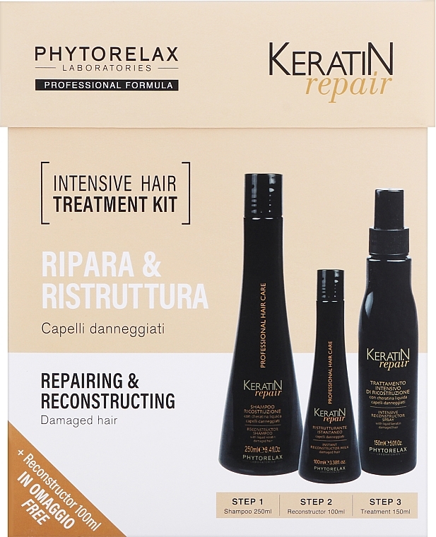 УЦІНКА Набір - Phytorelax Laboratories Keratin Repair Intensive Hair Treatment Kit (shm/250ml + h/milk/100ml + h/spray/150ml) * — фото N1