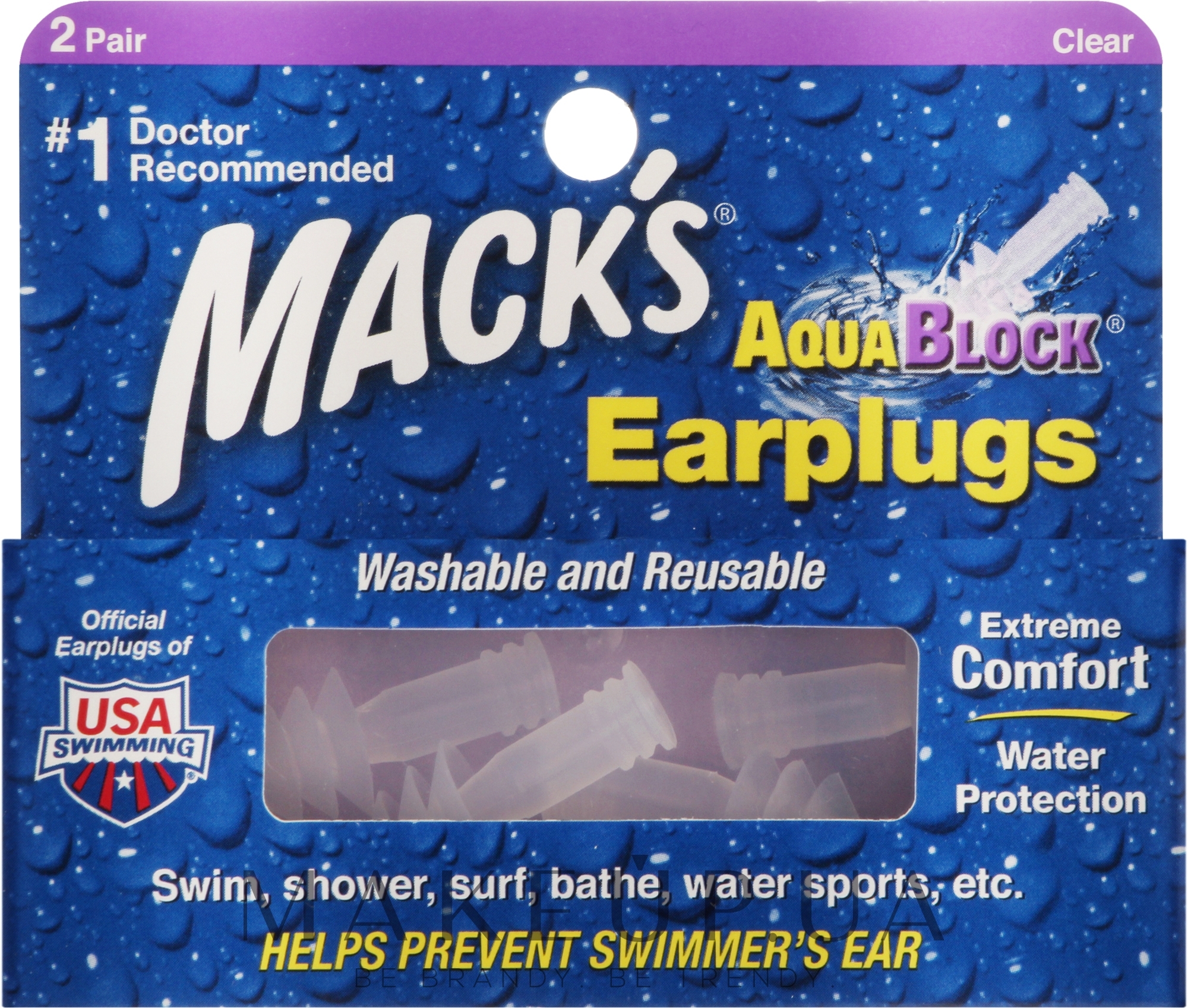 Беруши мягкие #13, защита от воды, прозрачные - Mack's AquaBlock Earplugs — фото 4шт