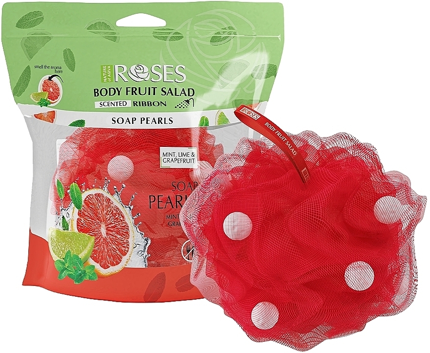 Ароматическая губка для ванны с мыльным жемчугом "Мята, лайм и грейпфрут" - Nature of Agiva Roses Body Fruit Salad Soap Pearls — фото N2