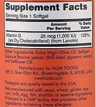 Желатиновые капсулы "Витамин Д3" - Now Foods Vitamin D3 1000 IU — фото N3