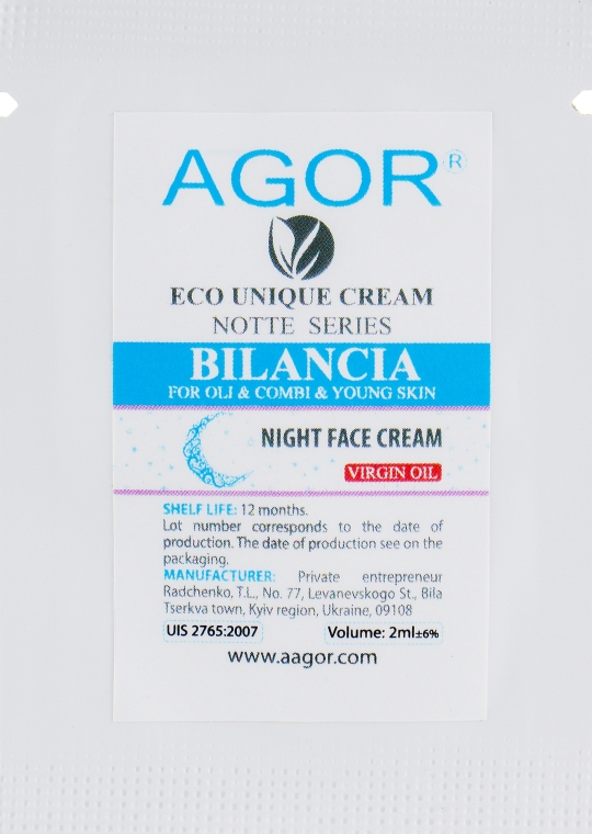Крем нічний для жирної та проблемної шкіри - Agor Notte Bilancia Night Face Cream (пробник) — фото N1