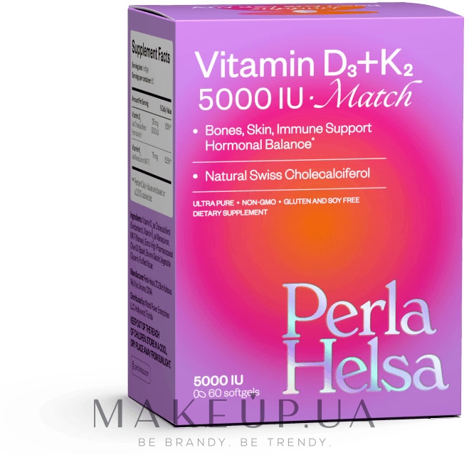 Витамин Д3 + K2 5000 IU, 60 капсул - Perla Helsa Vitamin D3 + K2 5000 IU 75 mcg Match Dietary Supplement — фото 60шт