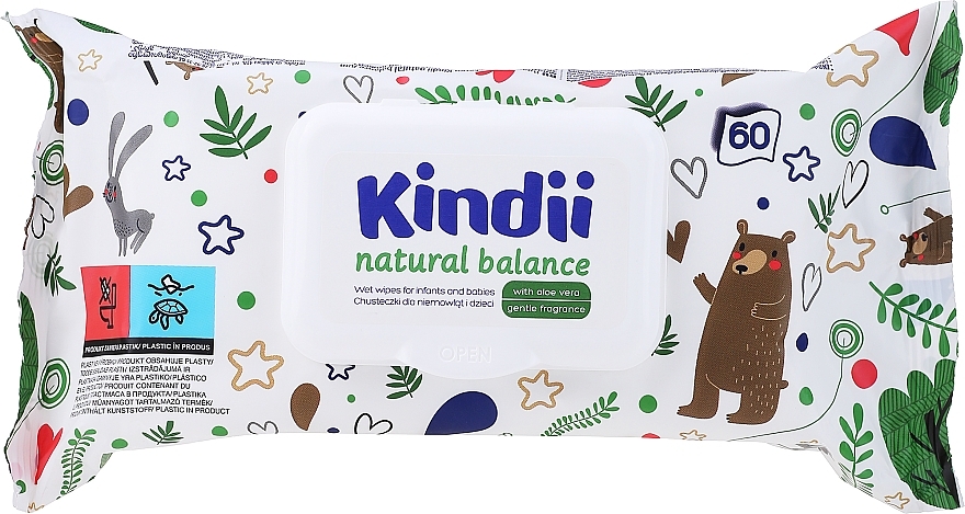 Детские влажные салфетки, 60 шт - Kindii Natural Balance Cleanic