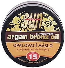 Олія для засмаги з мерехтливими мікрочастинками - Vivaco Sun Argan Bronz Oil Glitter Effect Butter SPF15 — фото N1