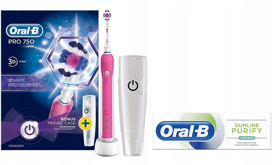 Набір - Oral-B Pro 750 3D White Pink Set (t/paste/75ml + t/brush/1pcs) — фото N1