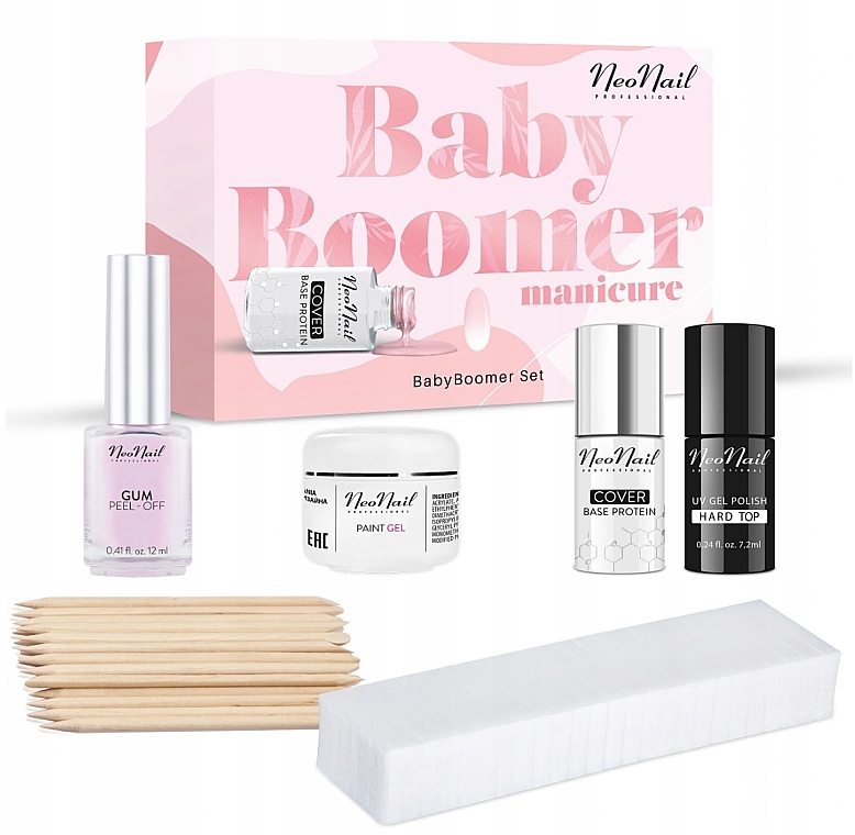 NeoNail Professional Baby Boomer Set (top/7,2ml + base/7,2ml + gel/5ml + gum/12ml + sponge/25pc + sticks/10pc) - Набір — фото N2