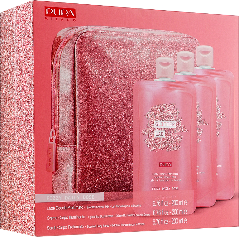 Набор - Pupa Glitter Lab Frizzy Daily Dose (bag + milk/200 ml + cream/200ml + scrub/200ml) — фото N1