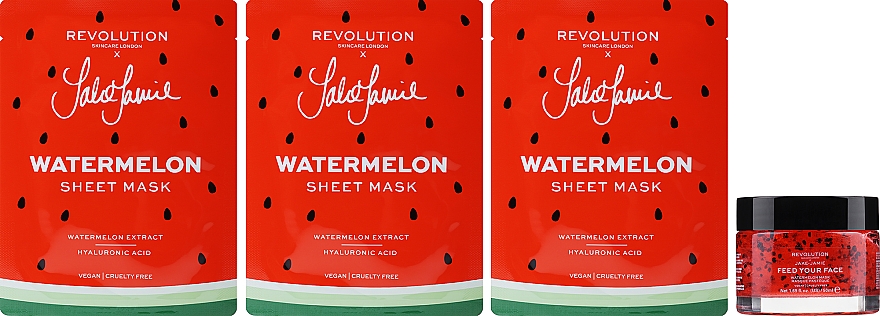 Набор - Revolution Skincare Jake-Jamie Winter Watermelon Colection (f/mask/50ml + f/mask/3pcs + headband/1pc + wash/cloths/3pcs) — фото N3