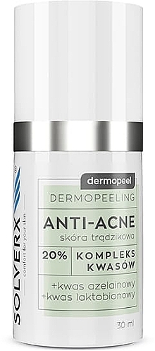 Пілінг 20% для обличчя з азелаїновою та лактобіоновою кислотою - Solverx Dermopeel Peeling Anti-Acne — фото N1
