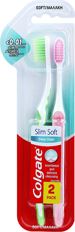 Набір зубних щіток "Slim Soft", м'які, рожева + зелена - Colgate Toothbrush — фото N1