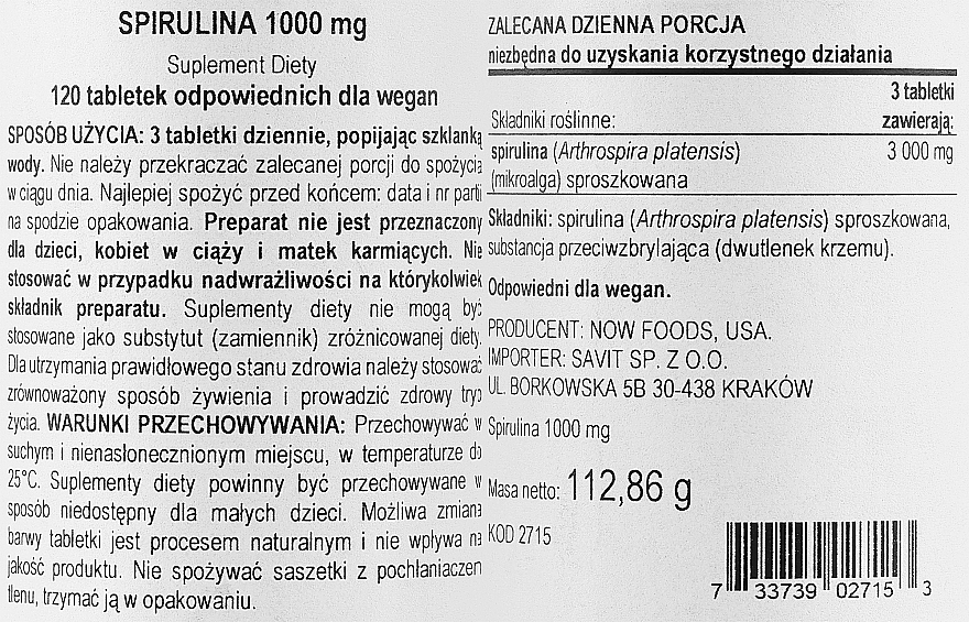 Природна добавка "Спіруліна" 1000 мг у таблетках - Now Foods Certified Organic Spirulina Tablets — фото N2