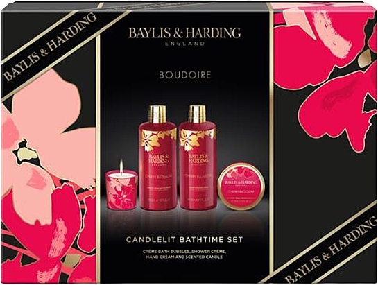 Набір - Baylis & Harding Boudoire Cherry Blossom Luxury Candlelit Bathing Gift Set (b/bubble/300ml + sh/cr/300ml + h/cr/50ml + candle/60g) — фото N1