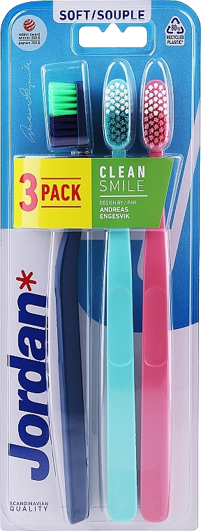 Зубна щітка м'яка, темно-синя + м'ятна + рожева - Jordan Clean Smile Soft — фото N2