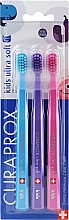 Парфумерія, косметика Набір зубних щіток для дітей, 4-12 років, блакитна + фіолетова + рожева - Curaprox