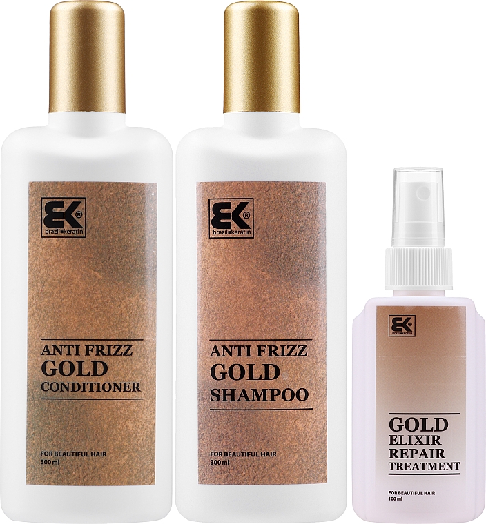 Набір - Brazil Keratin Anti Frizz Gold (shm/300ml + cond/300ml + elixir/100ml) — фото N2
