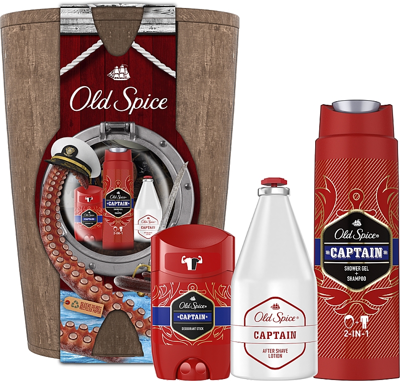 Набор - Old Spice Captain Wooden Barrel (deo/50g + sh/gel/250ml + ash/lot/100ml + bag) — фото N1