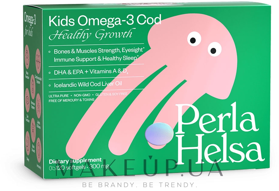 Омега-3 із тріски, з вітамінами А і Д3, 120 капсул - Perla Helsa Kids Omega-3 Cod Healthy Growth Dietary Supplement — фото 120шт
