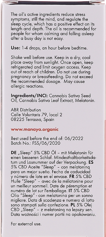 Масло конопли, обогащенное мелатонином - Manaya 5 % CBD Oil Sleep With Melatonin — фото N2