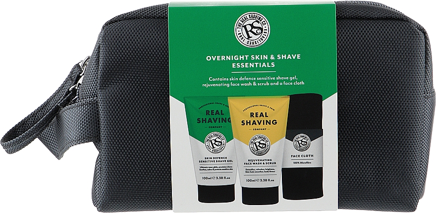 Набор - The Real Shaving Co. Overnight Skin Shave Essentials Gift Set (shave/gel/100ml + face/wash/scrub/100ml + bag + acc) — фото N1