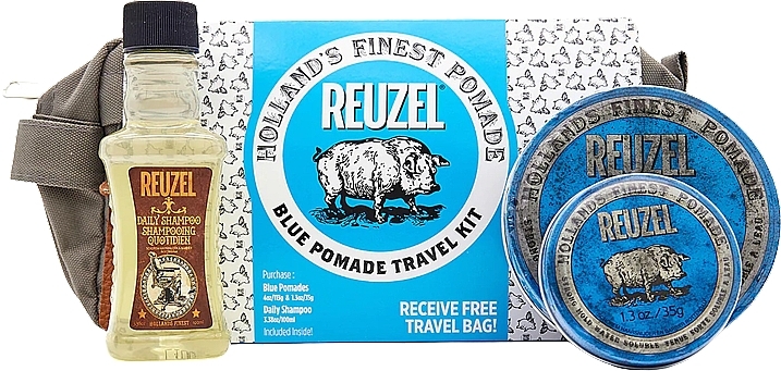 Набір - Reuzel Blue Pomade Travel Kit (h/pomade/113g + h/pomade/35g + shm/100ml + bag/1pcs) — фото N1