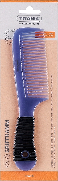 Гребінь для волосся, 20.5 см, з гумовою ручкою, блідо-синій - Titania — фото N1
