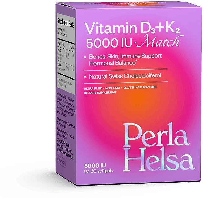 Витамин Д3 + K2 5000 IU, 60 капсул - Perla Helsa Vitamin D3 + K2 5000 IU 75 mcg Match Dietary Supplement