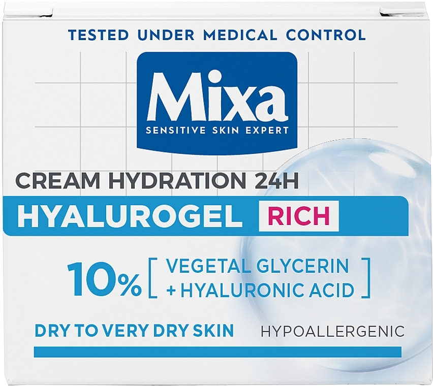 Зволожувальний крем для обличчя, з гіалуроновою кислотою для чутливої та надсухої шкіри - Mixa Hyalurogel Rich Intensive Hydration Cream — фото N1