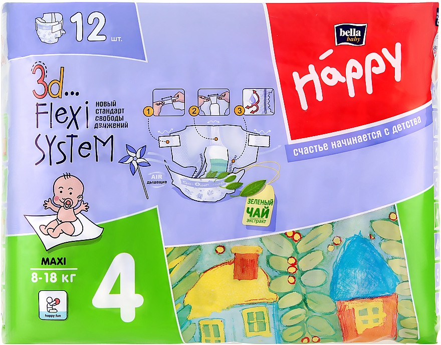 Дитячі підгузки "Happy" Maxi 4 (8-18 кг, 12 шт.) - Bella Baby — фото N1