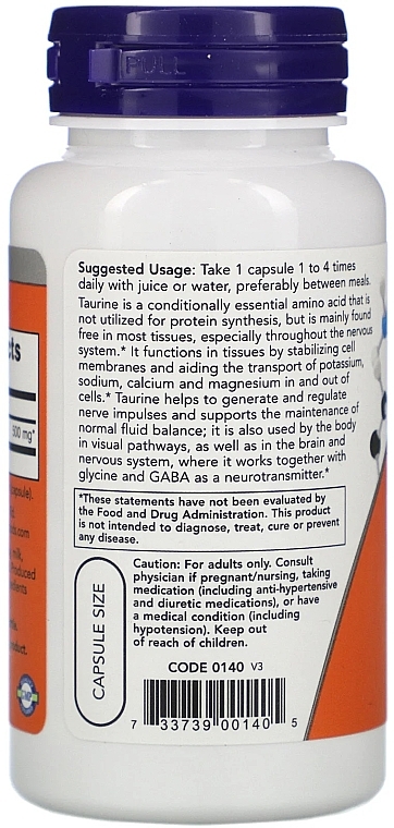 Аминокислота "Таурин" 500мг - Now Foods Taurine Nervous System Health 500mg Capsules — фото N3