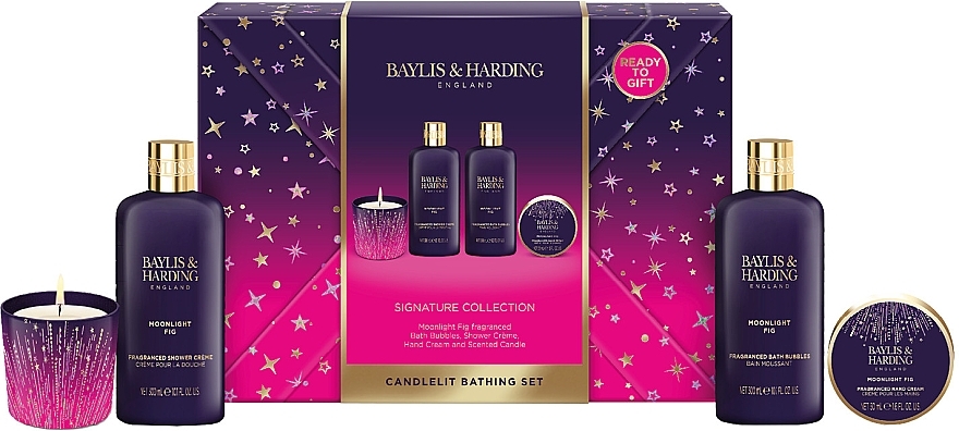 Набор - Baylis & Harding Moonlight Fig Gift Wrapped Candlelit Bathing Gift Set (h/b/lot/50ml + sh/cr/300ml + bath/foam/300ml + candle/60g) — фото N1