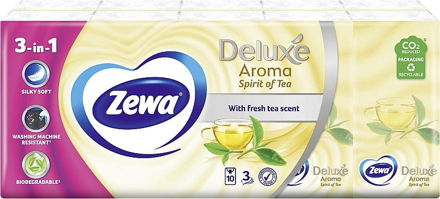 Носовые платки бумажные с ароматом зеленого чая, трехслойные, 10 упаковок по 10 шт. - Zewa Deluxe Aroma Spirit Of Tea — фото N2