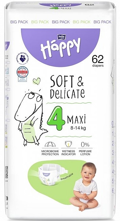Детские подгузники 8-14 кг, размер 4 Maxi, 62 шт - Bella Baby Happy Soft & Delicate — фото N1