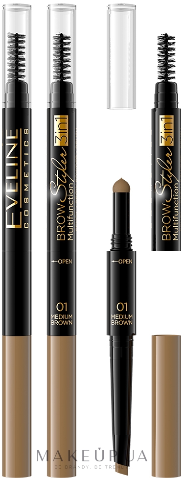 Олівець для брів - Eveline Cosmetics Brow Styler 3in1 Multifunction — фото 01 - Medium Brown