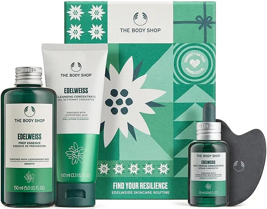 Набор - The Body Shop Find Your Resilience Edelweiss Skincare Routine (ess/150ml + cl/gel/100ml + serum/30ml + stone/1pcs) — фото N1