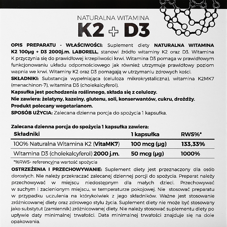 Пищевая добавка "Витамин K2 100 µg + D3 2000 j.m.", в капсулах - Laborell — фото N2