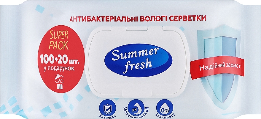 Антибактеріальні вологі серветки "Без спирту", 100 + 20 шт. - Summer Fresh