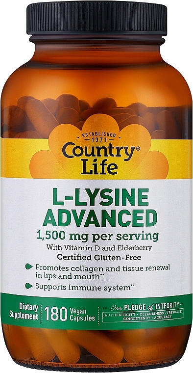 Аминокислота "L-лизин", 1500 мг - Country Life L-Lysine Advanced 1500 mg — фото N1
