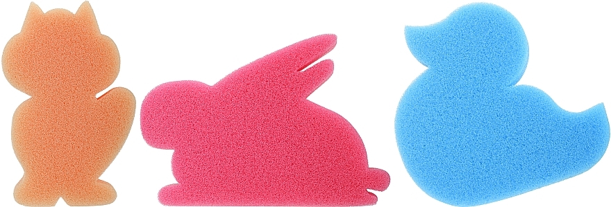 Набор детских губок для ванны, 3 шт, оранжевая лисичка + розовый зайчик + голубая уточка - Ewimark — фото N1