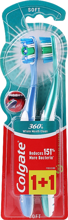 Зубная щетка "Суперчистота всей ротовой полости" с очистителем для языка и щек многофункциональная 1+1, синяя и зеленая - Colgate 360 — фото N2