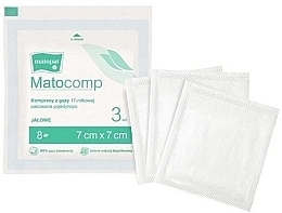 Компрессы марлевые стерильные, 17 нитей, 8 слоев, 7х7 см, 3 шт., в индивидуальной упаковке - Matopat Matocomp — фото N1