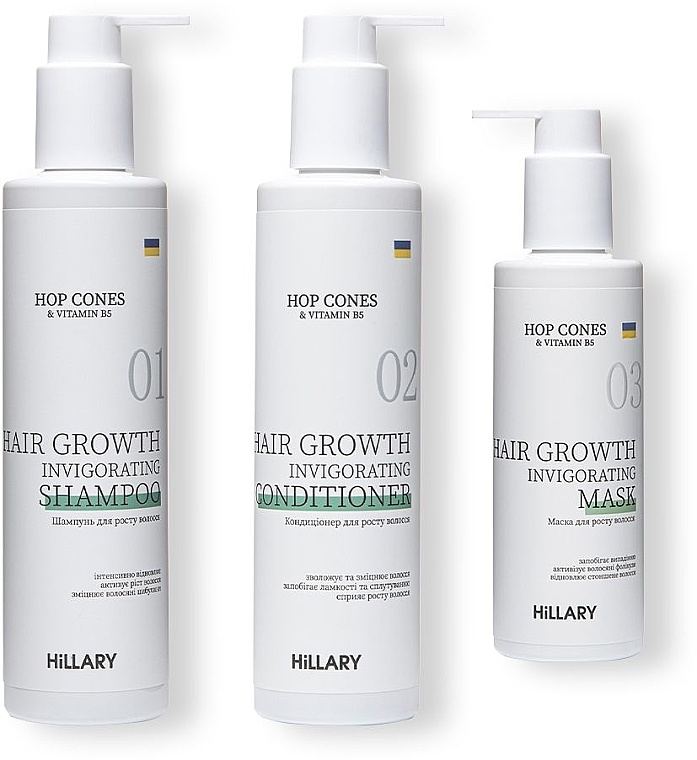 Набор "Комплекс для роста волос" - Hillary Hop Cones & B5 Hair Growth Invigorating (sh/250ml + cond/250ml + mask/200ml) — фото N1