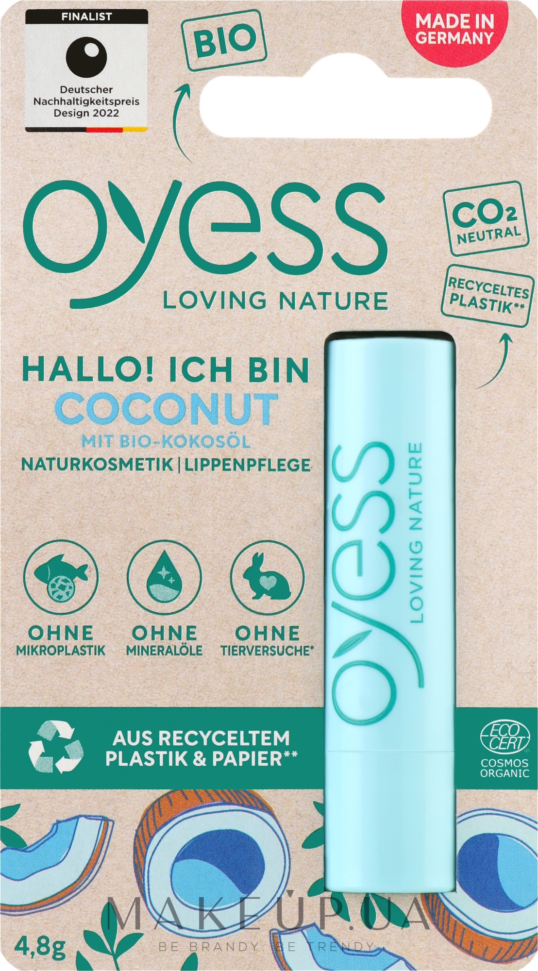 Гигиеническая помада-бальзам для губ "Coconut" - Oyess Lippenpflege  — фото 4.8g