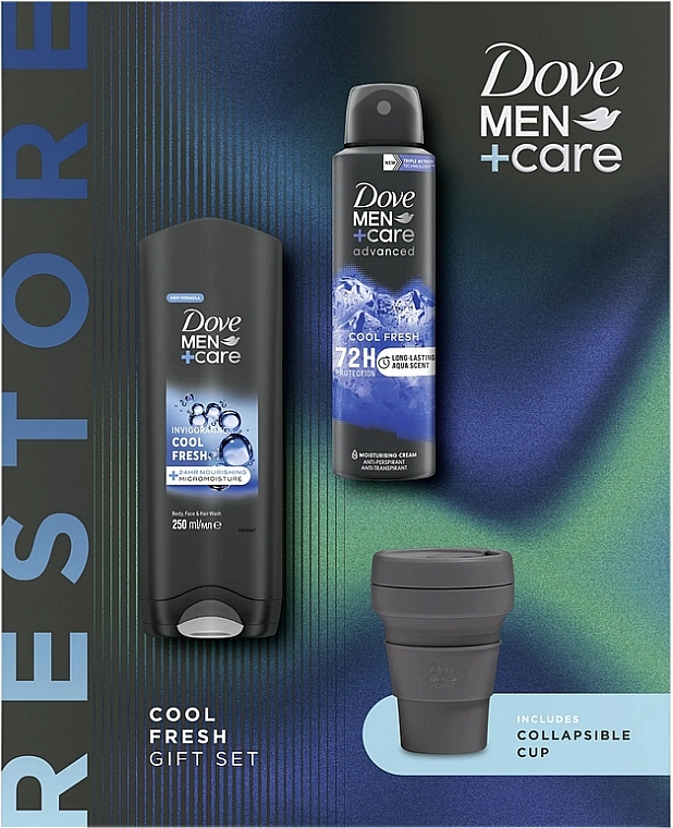 Набір - Dove Men+Care Cool Fresh Set (sh/gel/250ml + deo/spray/150ml + folding/cup) — фото N2